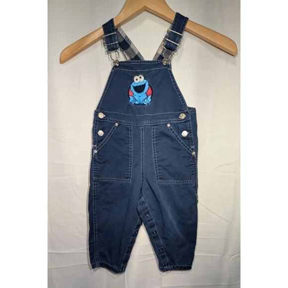 Vintage Sesame Street Toddler Overalls Sz 2T Cookie Monster 90s Dungarees - Picture 1 of 9